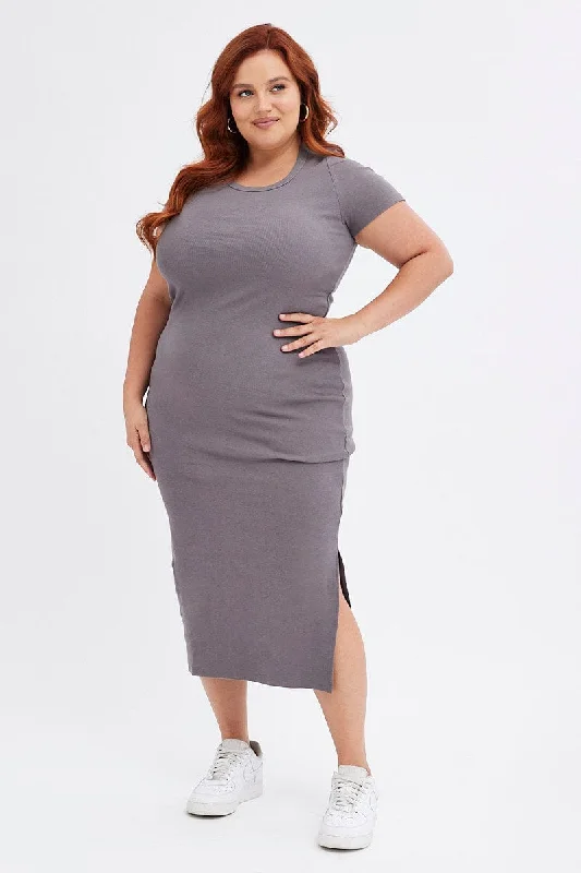 Cool cotton dress-Grey Bodycon Dress Short Sleeve Midi Rib