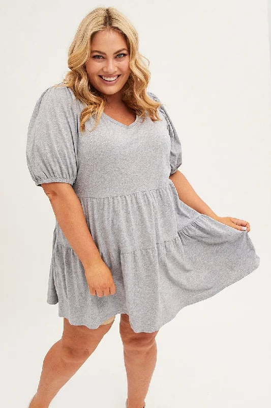 Whimsical tulle dress-Grey Tiered Dress Puff Sleeve Round Neck