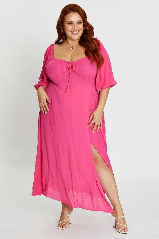 Ruched trendy dress-Hot Pink Maxi Dress Scoop Neck Short Sleeve Front Split