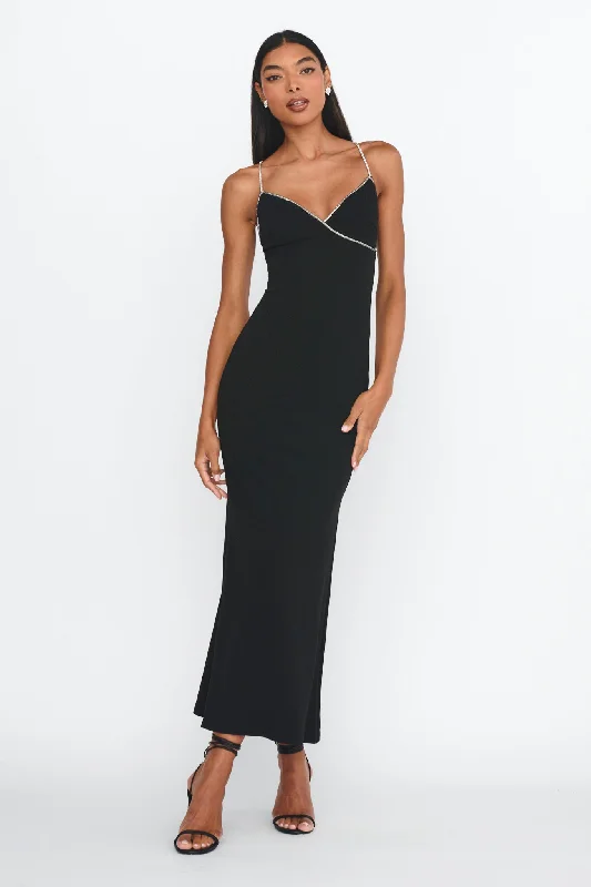 Vacation flowy dress-Harleigh Diamante Strap Tied Back Dress Black