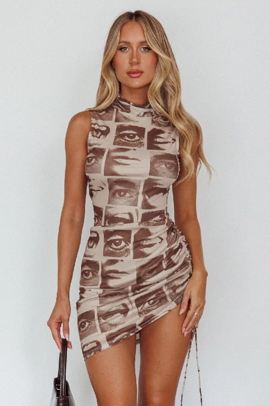 Layered tropical dress-Hot Goss Sleeveless Ruched Mini Dress Print Brown