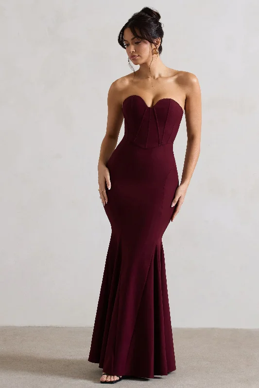 Elegant black dress-Idyllic | Burgundy Strapless Corset Style Fishtail Maxi Dress