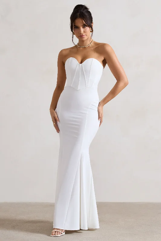 Sophisticated gray dress-Idyllic | Cream Strapless Corset Style Fishtail Maxi Dress