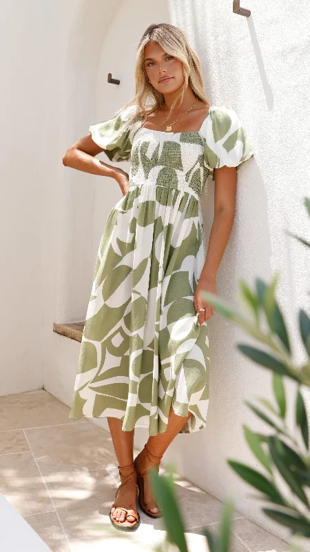 Smock relaxed dress-Ilene Midi Dress - Sage Print