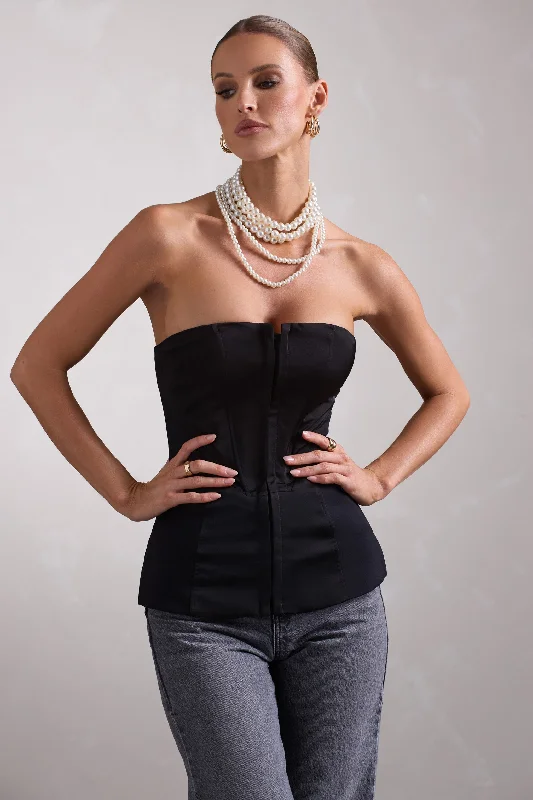 Colorblock chic dress-Illusive | Black Satin-Blend Strapless Panelled Corset Top