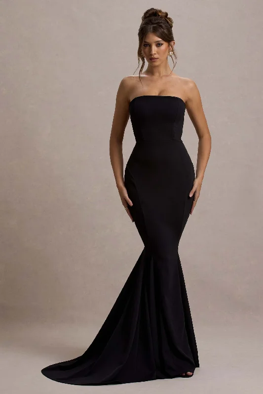 Cotton sundress-Impress Me | Black Strapless Bandeau Fishtail Maxi Dress