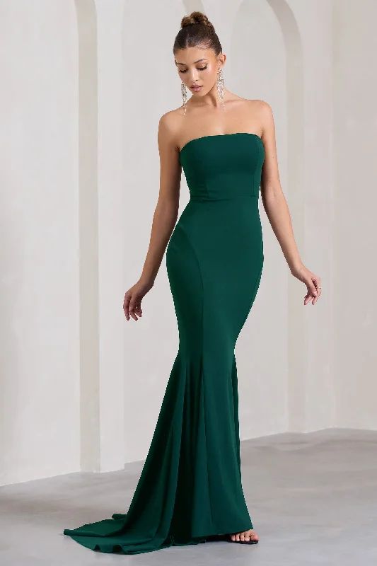 Vacation floral dress-Impress Me | Bottle Green Strapless Bandeau Fishtail Maxi Dress