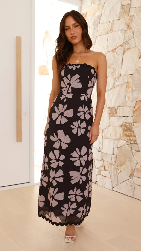 Urban street dress-Indikah Maxi Dress - Black/Beige Floral