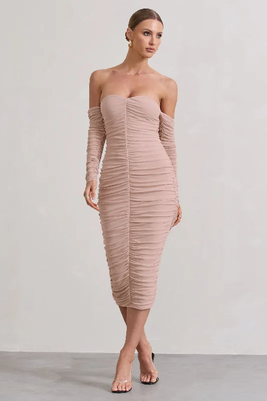 Date night lace dress-Indy | Champagne Ruched Strapless Long-Sleeve Midi Dress