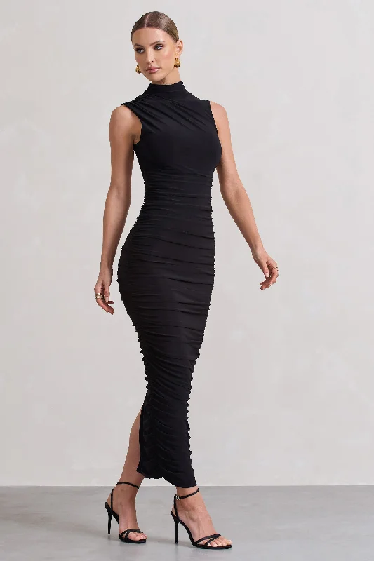 Smock boho dress-Jaded | Black Bodycon Ruched High-Neck Open-Back Maxi Dress