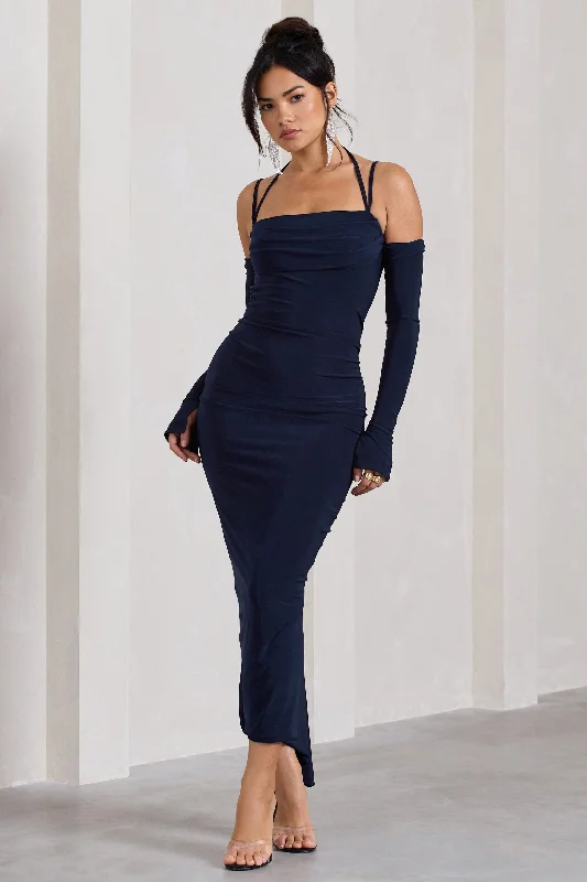 Pink blush dress-Jessie | Navy Strappy Long-Sleeved Bodycon Maxi Dress