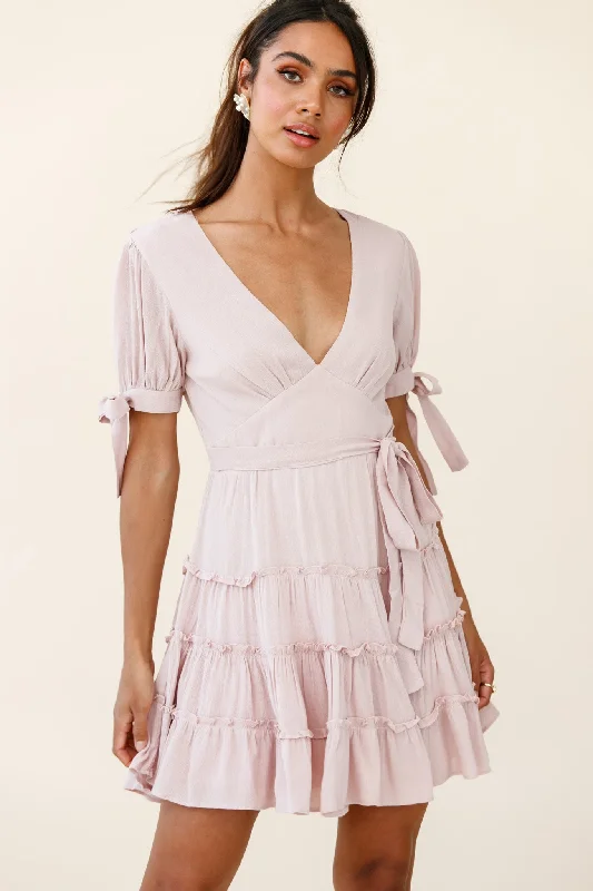 Date night lace dress-Jocelyn Short Sleeve Tied Cuff Layered Ruffle Dress Nude