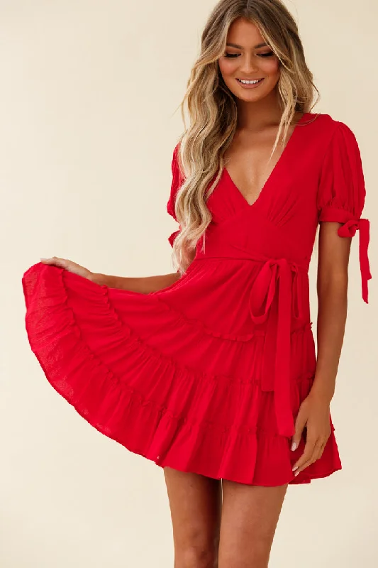 Smock boho dress-Jocelyn Short Sleeve Tied Cuff Layered Ruffle Dress Red