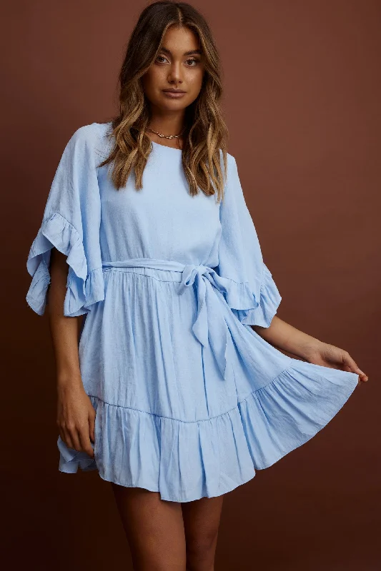 Picnic polka dress-Joni Batwing Sleeve Waist Tie Dress Ruffle Blue