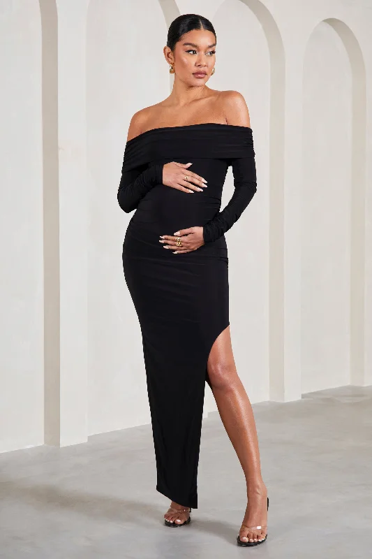 Camouflage casual dress-Kaylee | Black Ruched Strapless Long-Sleeved Split Maternity Maxi Dress