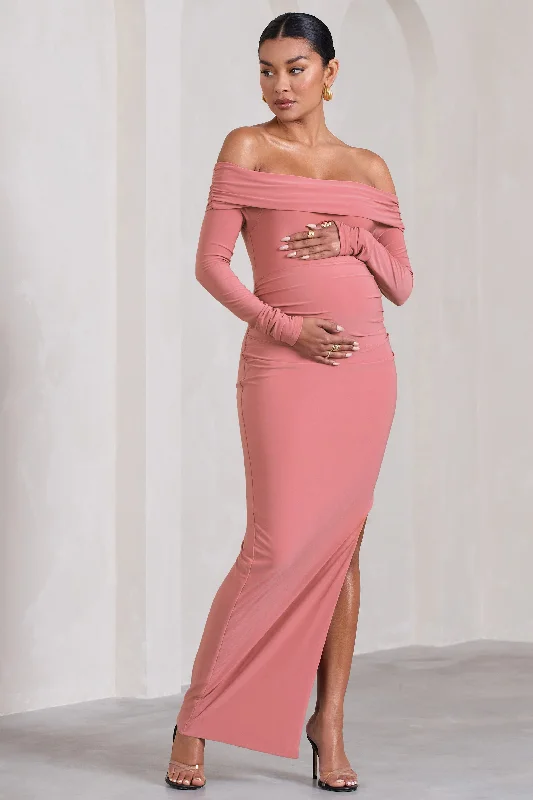 Garden floral dress-Kaylee | Blush Pink Ruched Strapless Long-Sleeved Split Maternity Maxi Dress