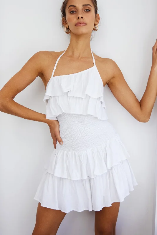 Trendy asymmetrical dress-Kristy Halterneck Shirred Bodice Ruffle Mini Dress White