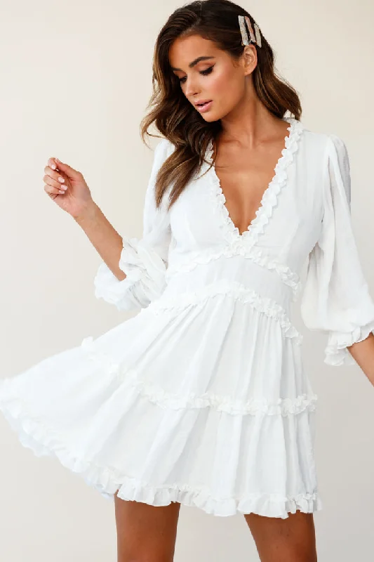 Warm wool dress-Laney Cutout Back Balloon Sleeve Dress White