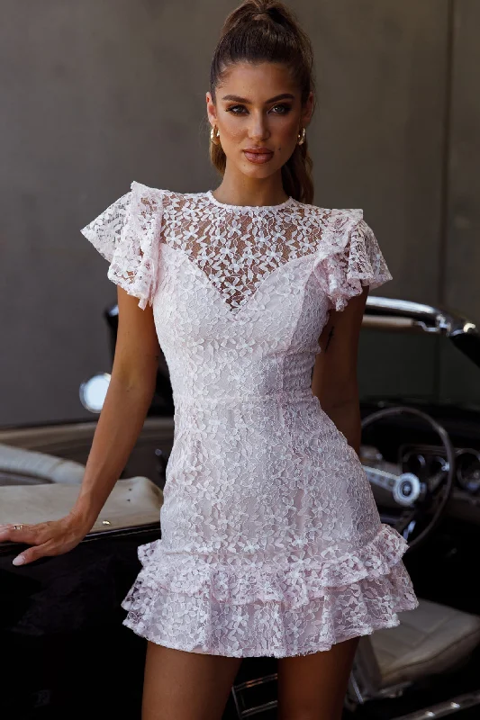 Layered bohemian dress-Lark Crew Neck Ruffle Sleeve Dress Lace Overlay Pink