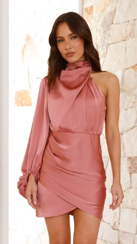 Fit-and-flare party dress-Lexi One Shoulder Mini Dress - Baked Rose