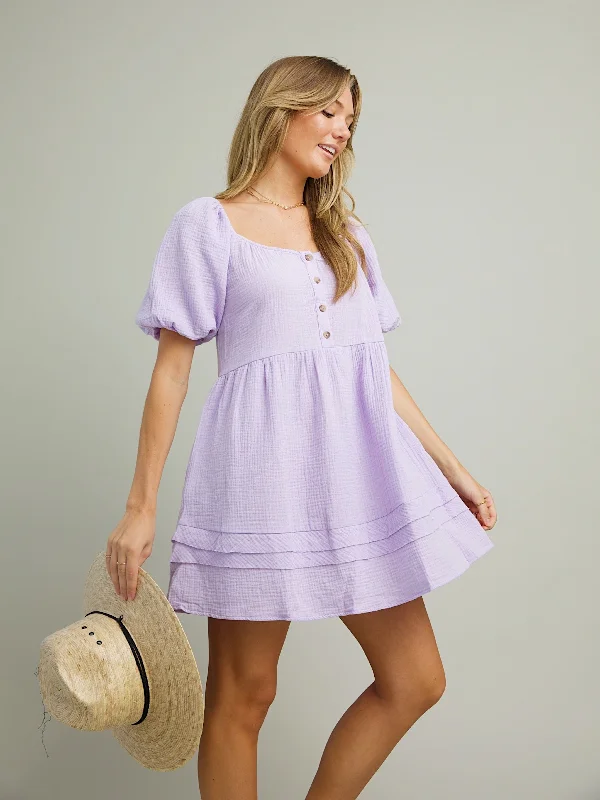 Houndstooth office dress-Lilac Puff Sleeve Dress