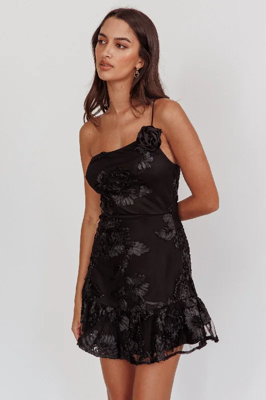 Tie-dye bohemian dress-Lilah One-Shoulder Embellished Rosette Dress Black