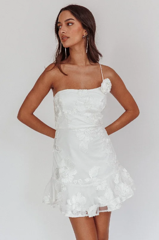 Garden ruffle dress-Lilah One-Shoulder Embellished Rosette Dress White