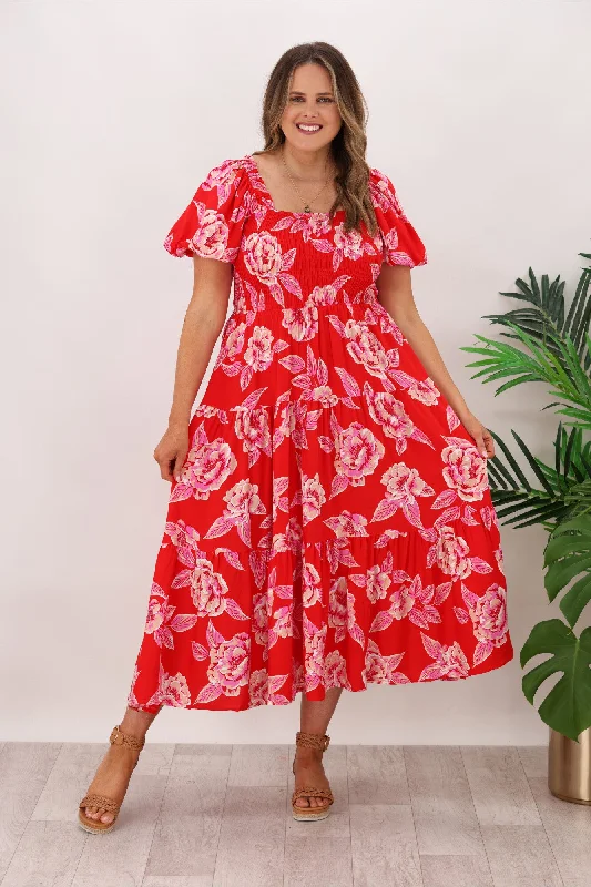 Sheer boho dress-Lillie & Mia Rowan Shirred Rose Print Maxi Red Pink