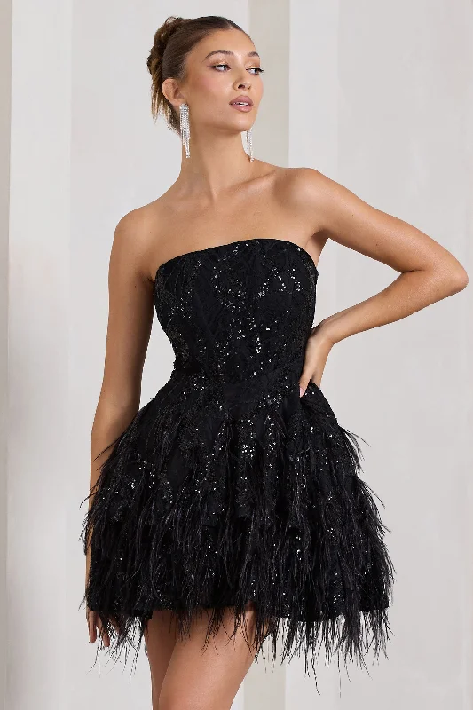 Floral wrap dress-Little Wish | Black Sequin Lace Strapless Mini Dress With Feathers