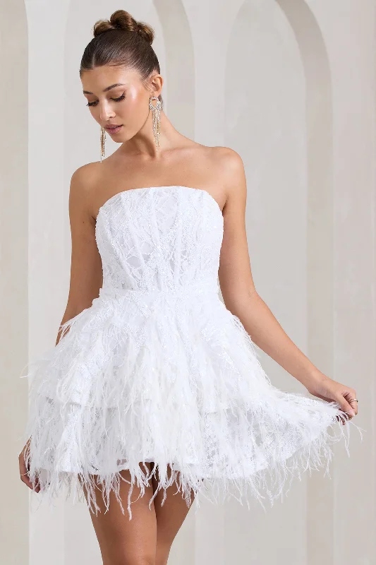 Silk pleated dress-Little Wish | White Sequin Lace Strapless Mini Dress With Feathers