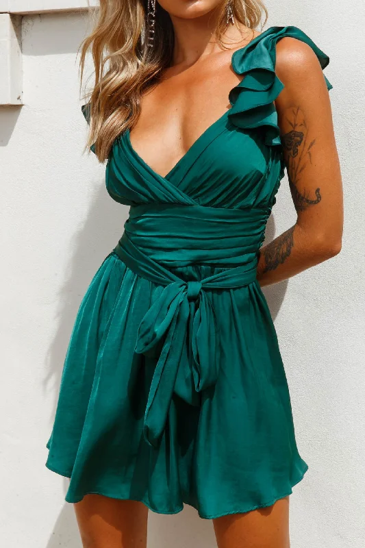 Teal trendy dress-Lola Ruffle Shoulder Ruched Dress Forest Green