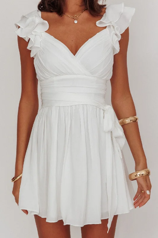 Empire waist dress-Lola Ruffle Shoulder Ruched Dress White