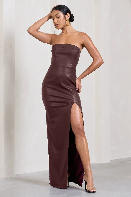 Rose gold trendy dress-Marlene | Burgundy Faux Leather Strapless Bandeau Split Maxi Dress