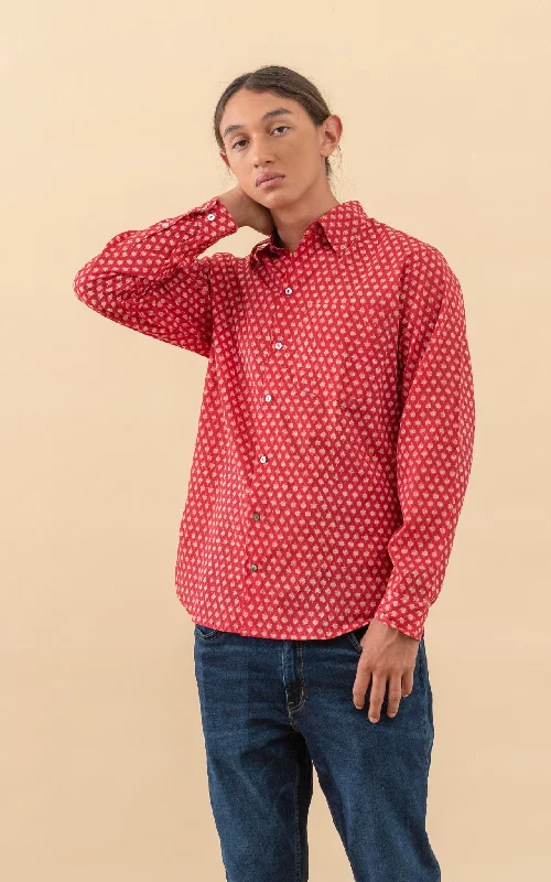 Festival fringe dress-Men's Zion Shirt, Long Sleeve, Scarlet Calico