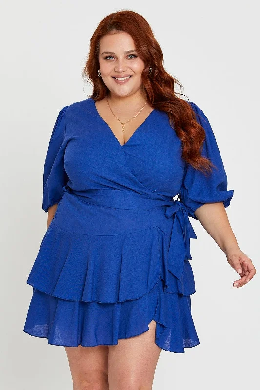 Sexy bodycon dress-Mid Blue Skater Dress V-neck Short Sleeve Tie