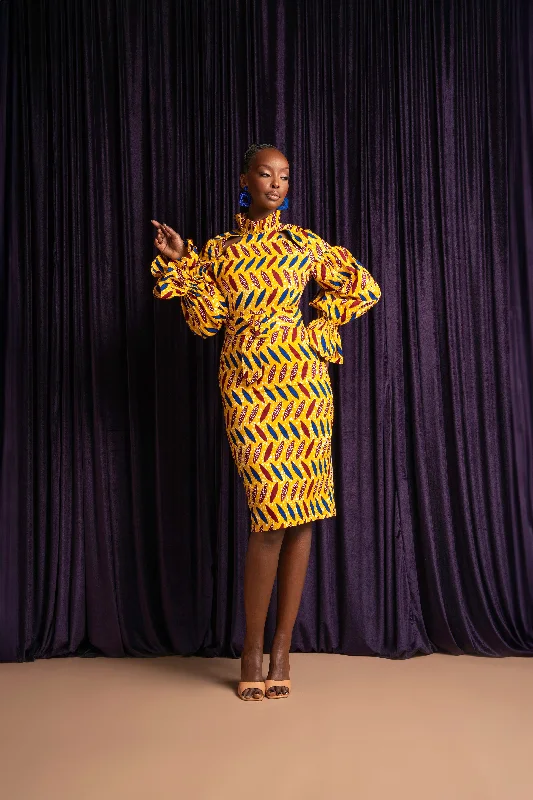 Navy work dress-MOYIN African Print Mock Neck Midi Dress