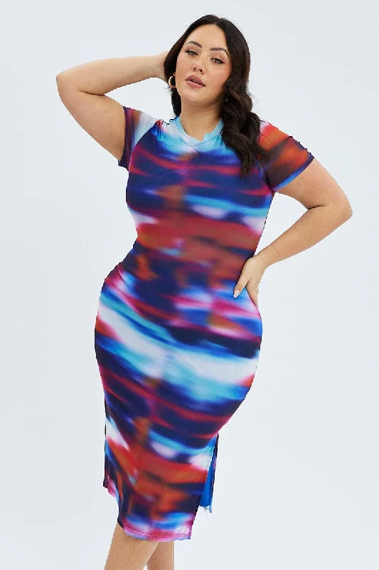 Festive holiday dress-Multi Abstract Maxi Dress Mesh Cap Sleeve Bodycon