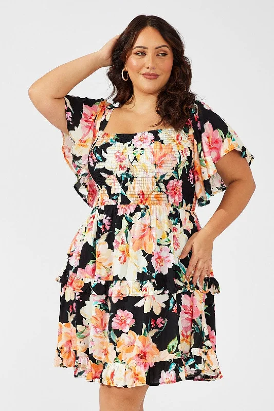 Belted work dress-Multi Floral Frill Detail Minidress Flare Sleeve