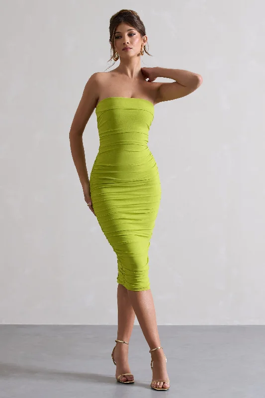 Metallic club dress-My Girl | Green Strapless Bodycon Ruched Mesh Midi Dress