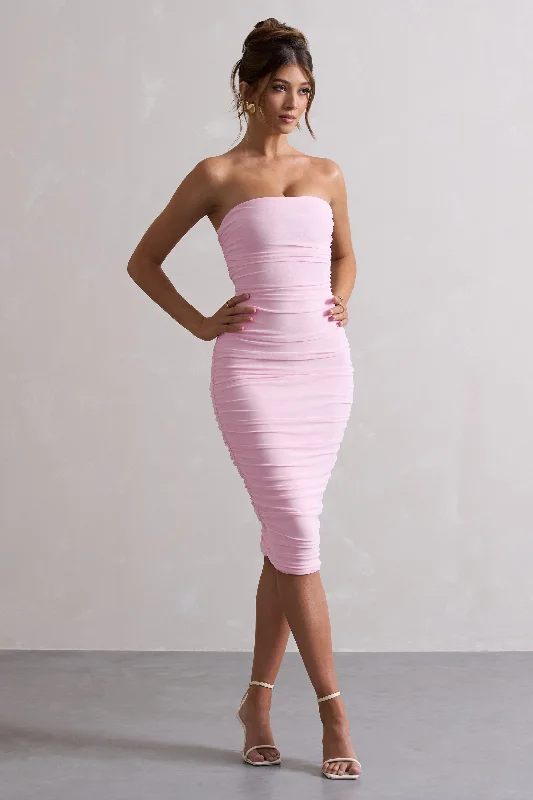 Gothic velvet dress-My Girl | Pink Strapless Bodycon Ruched Mesh Midi Dress