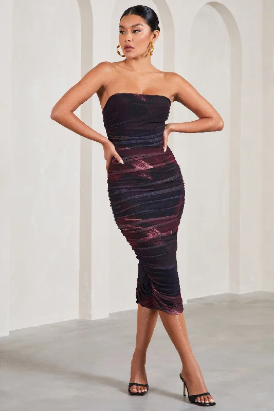 Gray subtle dress-My Girl | Plum Print Strapless Bodycon Ruched Mesh Midi Dress