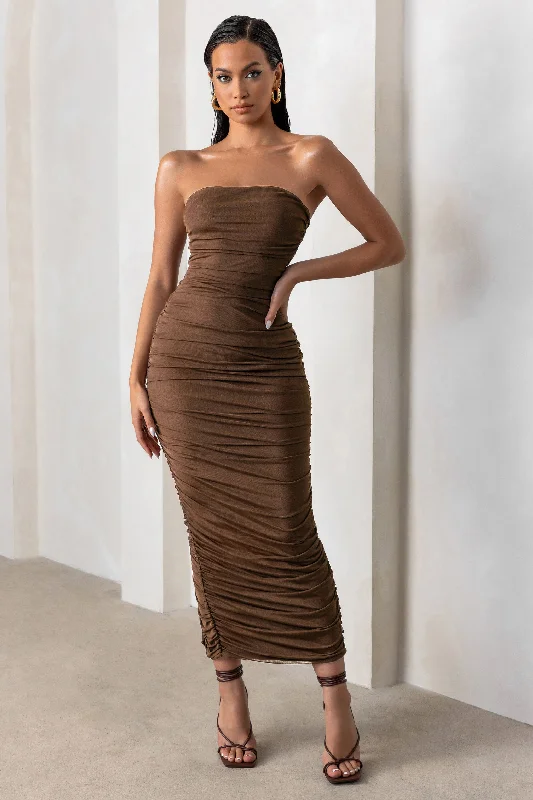 Applique floral dress-My Lady | Chocolate Brown Strapless Bodycon Ruched Mesh Maxi Dress