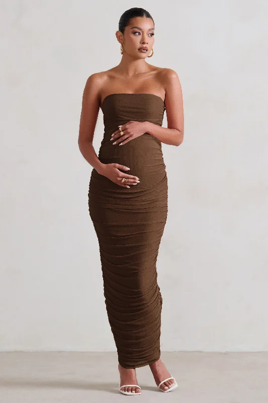 Lace slip dress-My Lady | Chocolate Maternity Brown Strapless Bodycon Ruched Mesh Maxi Dress