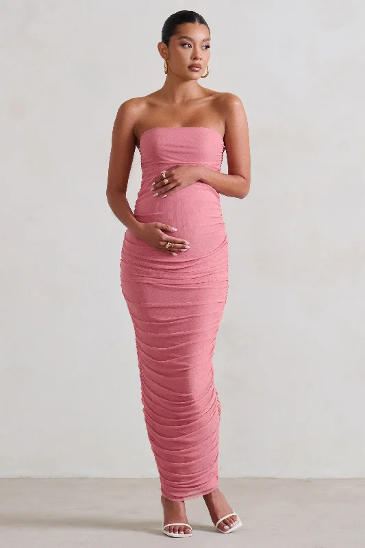 Boho embroidered dress-My Lady | Maternity Blush Pink Strapless Bodycon Ruched Mesh Maxi Dress