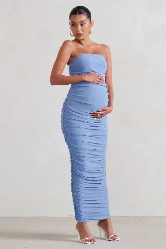 Printed boho dress-My Lady | Maternity Powder Blue Strapless Bodycon Ruched Mesh Maxi Dress