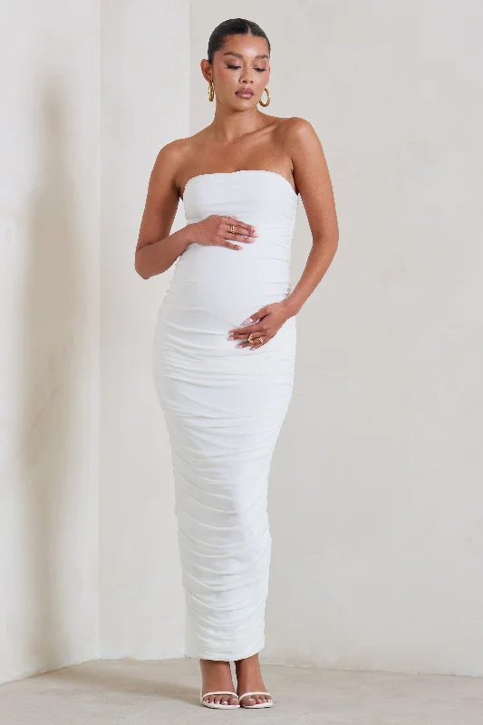 Amethyst luxe dress-My Lady | Maternity White Strapless Bodycon Ruched Mesh Maxi Dress