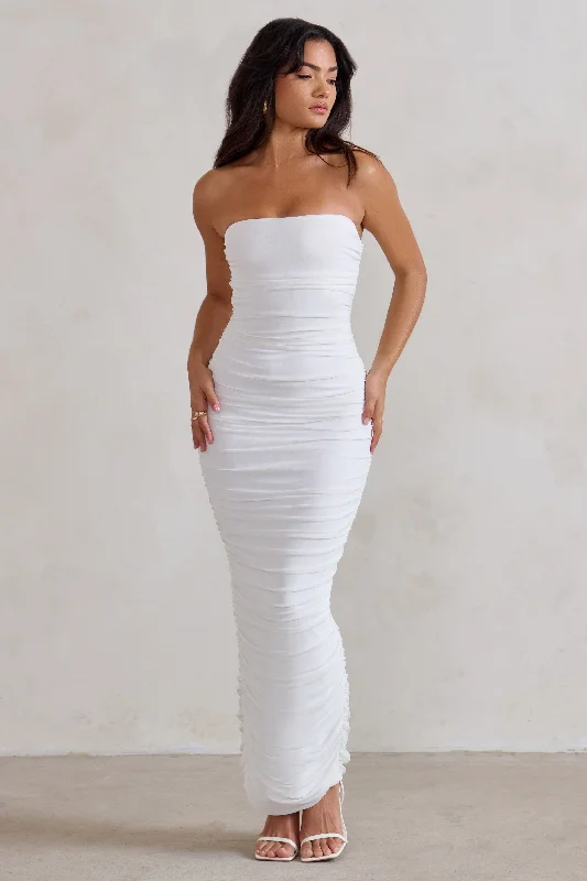 Victorian ruffle dress-My Lady | White Strapless Bodycon Ruched Mesh Maxi Dress