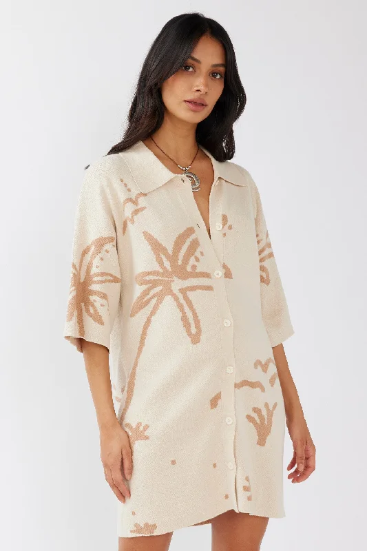 Smock boho dress-Nalani Button-Up Knit Dress Sand/Wood