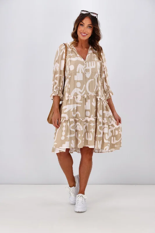 Belted work dress-New U Collection Tara 3/4 Sleeve Dress Beige