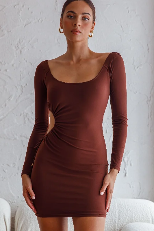 Sustainable linen dress-Nikola Cut-Out Feature Long Sleeve Bodycon Mini Dress Chocolate